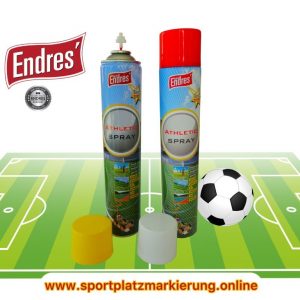 Endres beste Sportplatzmarkierung. Sortiert je12 Dosen= weiß + rot + gelb. Athleticspray 750 ml ist günstig, da eigene Herstellung. Reichweite ca. 195m/Dose bei 10cm Breite = nur ca. 3,5 Dosen/Platz.