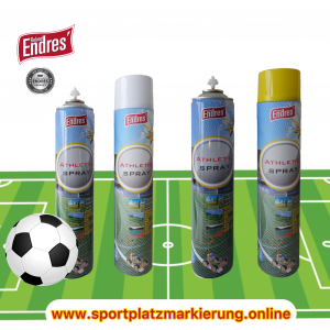 Endres Orginal bestes Athleticspray 750 ml Sportplatzmarkierung. Sortiert 24 Dosen weiß + 12 Dosen gelb. Reichweite ca. 195m/Dose bei 10cm Breite= nur ca. 3,5 Dosen/Platz